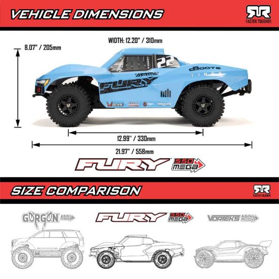 Picture of ARRMA ARA3221ST2 1/10 FURY MEGA 550 2WD Short Course Truck RTR with Battery & Charger, Blue 