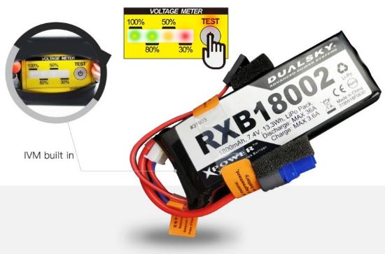 Picture of Dual Sky DSB-31903 RXB18002 1800mah 2S 7.4v 20C LiPo Receiver RX Battery with Servo Connector and XT60 With Battery Percentage Indicator (IMV)